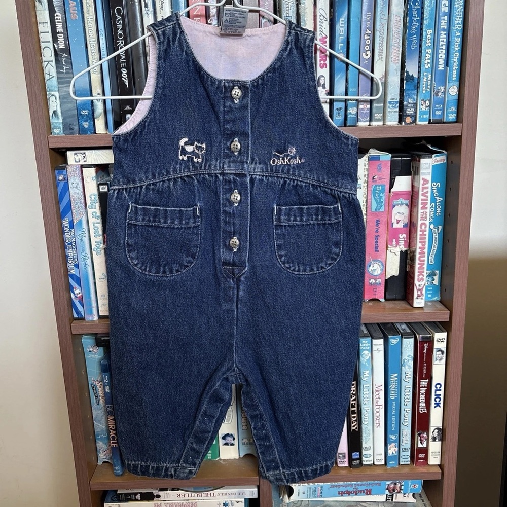 Vintage OshKosh B'gosh Blue & Pink Denim Kids Cat Overalls Sz 6 to 9 months